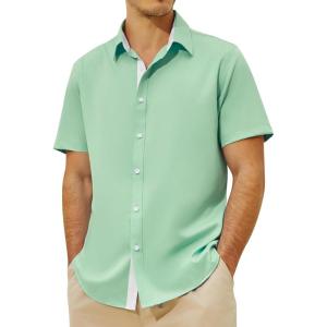 imageMens Button Down Dress Shirts Short Sleeve Casual Shirts Wrinkle Free Business Shirt Stain SheildLight Green