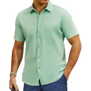 imageMens Button Down Dress Shirts Short Sleeve Casual Shirts Wrinkle Free Business Shirt Stain SheildSlimfit Light Green