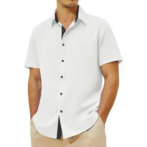 imageMens Button Down Dress Shirts Short Sleeve Casual Shirts Wrinkle Free Business Shirt Stain SheildWhite