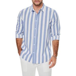 imageMens Casual Linen Cotton Button Down Short Sleeve Shirts Cuban Camp Guayabera Beach TopsBluewhite