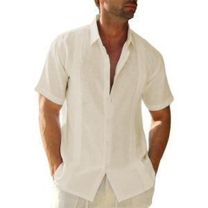 imageMens Casual Linen Cotton Button Down Short Sleeve Shirts Cuban Camp Guayabera Beach TopsCubanbeige