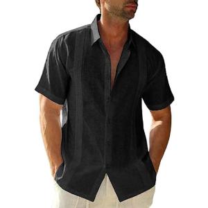 imageMens Casual Linen Cotton Button Down Short Sleeve Shirts Cuban Camp Guayabera Beach TopsCubanblack