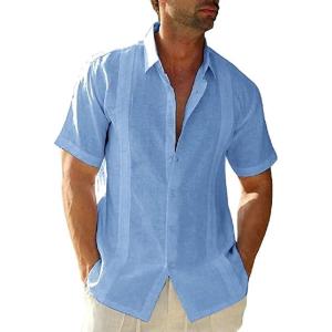 imageMens Casual Linen Cotton Button Down Short Sleeve Shirts Cuban Camp Guayabera Beach TopsCubanblue