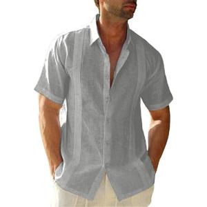 imageMens Casual Linen Cotton Button Down Short Sleeve Shirts Cuban Camp Guayabera Beach TopsCubangrey