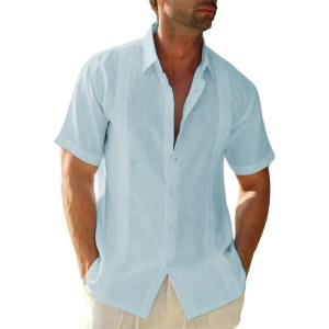 imageMens Casual Linen Cotton Button Down Short Sleeve Shirts Cuban Camp Guayabera Beach TopsCubanmint Blue