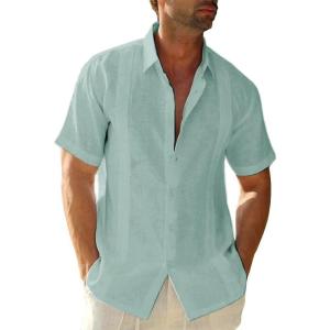imageMens Casual Linen Cotton Button Down Short Sleeve Shirts Cuban Camp Guayabera Beach TopsCubanmint Green