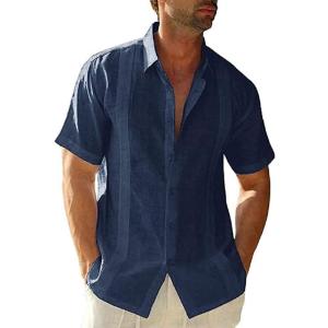 imageMens Casual Linen Cotton Button Down Short Sleeve Shirts Cuban Camp Guayabera Beach TopsCubannavy Blue