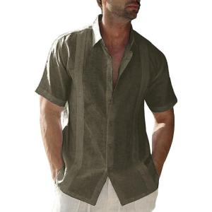 imageMens Casual Linen Cotton Button Down Short Sleeve Shirts Cuban Camp Guayabera Beach TopsCubanoliver Green