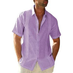 imageMens Casual Linen Cotton Button Down Short Sleeve Shirts Cuban Camp Guayabera Beach TopsCubanpurple