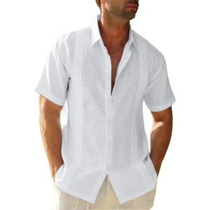 imageMens Casual Linen Cotton Button Down Short Sleeve Shirts Cuban Camp Guayabera Beach TopsCubanwhite