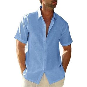 imageMens Casual Linen Cotton Button Down Short Sleeve Shirts Cuban Camp Guayabera Beach TopsShort Sleeveblue
