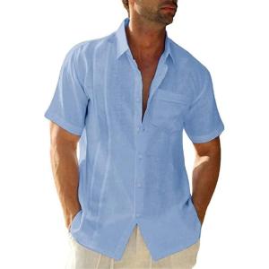imageMens Casual Linen Cotton Button Down Short Sleeve Shirts Cuban Camp Guayabera Beach TopsStripeblue