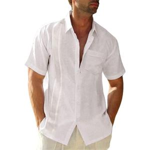 imageMens Casual Linen Cotton Button Down Short Sleeve Shirts Cuban Camp Guayabera Beach TopsStripewhite
