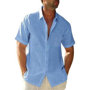 imageMens Casual Linen Cotton Button Down Short Sleeve Shirts Cuban Camp Guayabera Beach TopsWater Blue