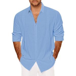 imageMens Casual Long Sleeve Cotton Linen Shirts Buttons Down Cuban Camp RollUp Sleeve Summer Beach ShirtsCuban Blue