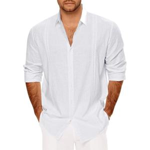 imageMens Casual Long Sleeve Cotton Linen Shirts Buttons Down Cuban Camp RollUp Sleeve Summer Beach ShirtsCuban White