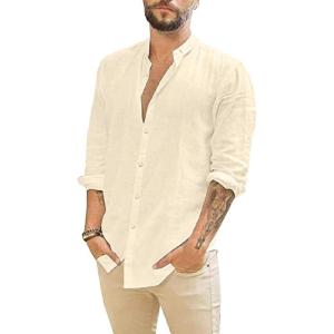 imageMens Casual Long Sleeve Cotton Linen Shirts Buttons Down Solid Plain RollUp Sleeve Summer Beach ShirtsBeige