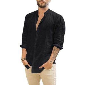 imageMens Casual Long Sleeve Cotton Linen Shirts Buttons Down Solid Plain RollUp Sleeve Summer Beach ShirtsBlack
