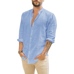 imageMens Casual Long Sleeve Cotton Linen Shirts Buttons Down Solid Plain RollUp Sleeve Summer Beach ShirtsBlue