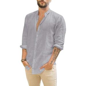 imageMens Casual Long Sleeve Cotton Linen Shirts Buttons Down Solid Plain RollUp Sleeve Summer Beach ShirtsGrey