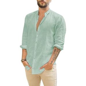 imageMens Casual Long Sleeve Cotton Linen Shirts Buttons Down Solid Plain RollUp Sleeve Summer Beach ShirtsMint Green