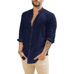 imageMens Casual Long Sleeve Cotton Linen Shirts Buttons Down Solid Plain RollUp Sleeve Summer Beach ShirtsNavy