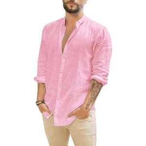 imageMens Casual Long Sleeve Cotton Linen Shirts Buttons Down Solid Plain RollUp Sleeve Summer Beach ShirtsNew Pink
