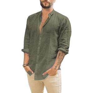 imageMens Casual Long Sleeve Cotton Linen Shirts Buttons Down Solid Plain RollUp Sleeve Summer Beach ShirtsOlive Green