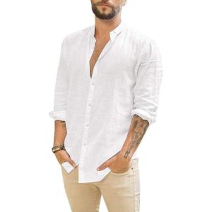 imageMens Casual Long Sleeve Cotton Linen Shirts Buttons Down Solid Plain RollUp Sleeve Summer Beach ShirtsWhite