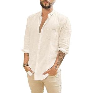 imageMens Casual Long Sleeve Cotton Linen Shirts Buttons Down Solid Plain RollUp Sleeve Summer Beach ShirtsXbeige