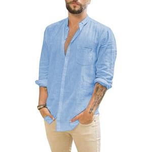 imageMens Casual Long Sleeve Cotton Linen Shirts Buttons Down Solid Plain RollUp Sleeve Summer Beach ShirtsXblue