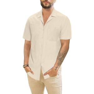 imageMens Cotton Linen Short Sleeve Shirts Cuban Camp Button Down Beach Vacation Tops with PocketCampapricot