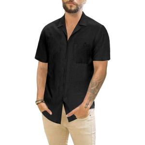 imageMens Cotton Linen Short Sleeve Shirts Cuban Camp Button Down Beach Vacation Tops with PocketCampblack