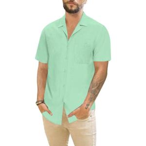 imageMens Cotton Linen Short Sleeve Shirts Cuban Camp Button Down Beach Vacation Tops with PocketCampgreen