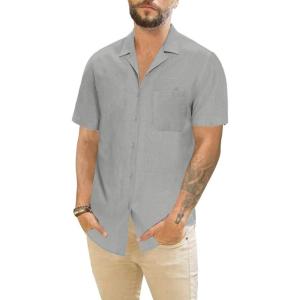 imageMens Cotton Linen Short Sleeve Shirts Cuban Camp Button Down Beach Vacation Tops with PocketCampgrey