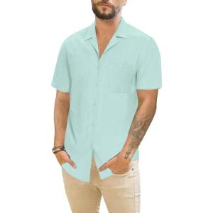 imageMens Cotton Linen Short Sleeve Shirts Cuban Camp Button Down Beach Vacation Tops with PocketCampmintblue