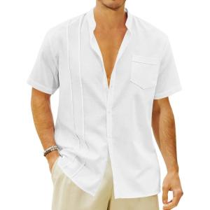 imageMens Cuban Guayabera Shirts Cotton Linen Button Down Short Sleeve Shirts Casual Summer Beach Shirt