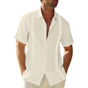 imageMens Linen Cuban Guayabera Button Down Shirts Short Sleeve Casual Summer Beach TopsBeige