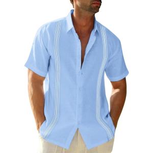 imageMens Linen Cuban Guayabera Button Down Shirts Short Sleeve Casual Summer Beach TopsBlue