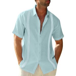 imageMens Linen Cuban Guayabera Button Down Shirts Short Sleeve Casual Summer Beach TopsMint Blue