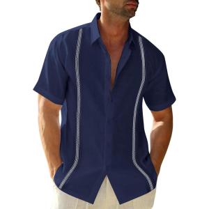 imageMens Linen Cuban Guayabera Button Down Shirts Short Sleeve Casual Summer Beach TopsNavy Blue