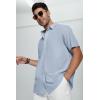 imageMens Casual Linen Button Down Short Sleeve Shirts Beach Summer Spread Collar Pocket TopsBlue