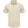 imageMens Casual Linen Button Down Short Sleeve Shirts Beach Summer Spread Collar Pocket TopsPocketbeige