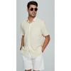 imageMens Casual Linen Button Down Short Sleeve Shirts Beach Summer Spread Collar Pocket TopsPocketbeige
