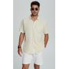 imageMens Casual Linen Button Down Short Sleeve Shirts Beach Summer Spread Collar Pocket TopsPocketbeige