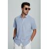 imageMens Casual Linen Button Down Short Sleeve Shirts Beach Summer Spread Collar Pocket TopsPocketblue