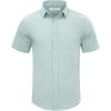 imageMens Casual Linen Button Down Short Sleeve Shirts Beach Summer Spread Collar Pocket TopsPocketmint Blue
