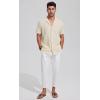 imageMens Casual Linen Button Down Short Sleeve Shirts Beach Summer Spread Collar Pocket TopsXbeige