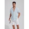 imageMens Casual Linen Button Down Short Sleeve Shirts Beach Summer Spread Collar Pocket TopsXmint Blue