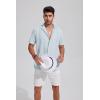 imageMens Casual Linen Button Down Short Sleeve Shirts Beach Summer Spread Collar Pocket TopsXmint Blue